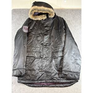 Fox Racing Jacket Men Large Black Lined Faux Fur Trim Hoodie Grunge Skater Motor